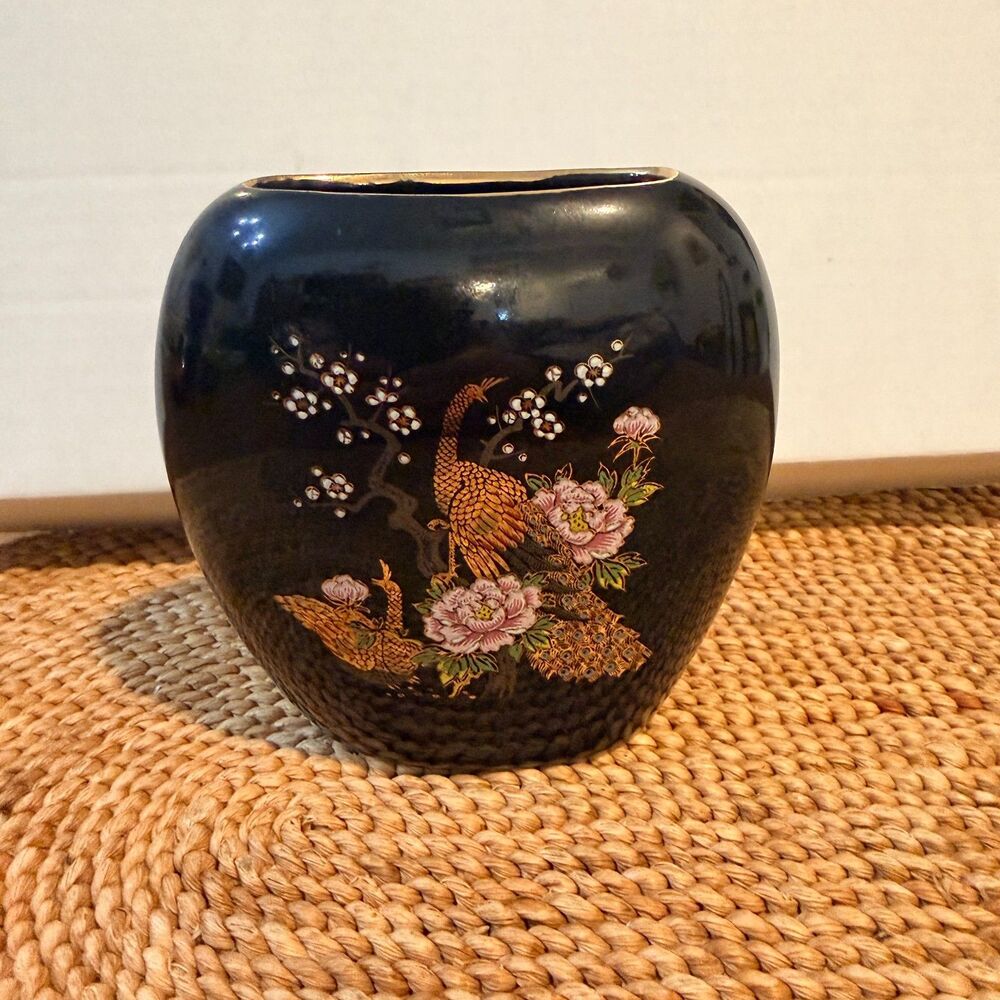 Vintage Japan Black Porcelain Vase Peacock Peony Floral Gold Trim